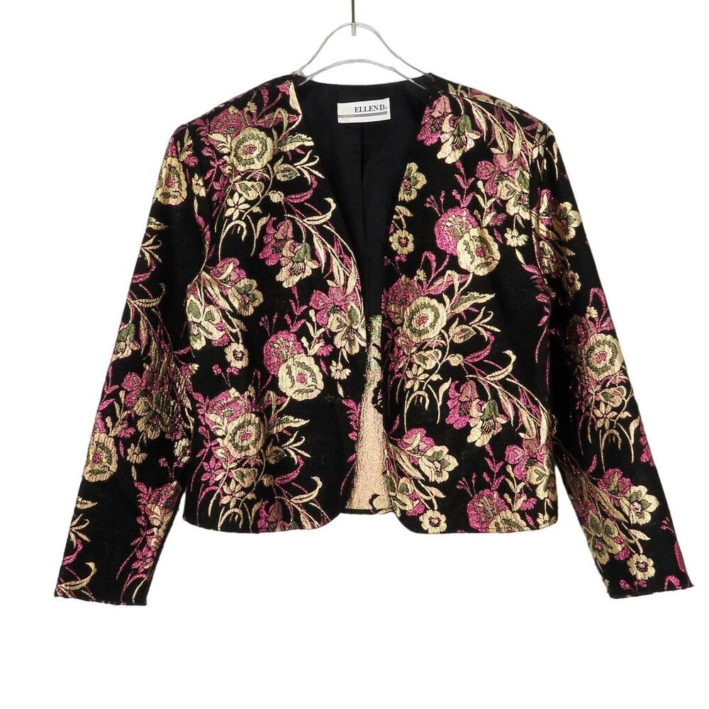 Ellen D 1990s Vintage Black Pink Gold Metallic Floral Blazer Jacket Medium